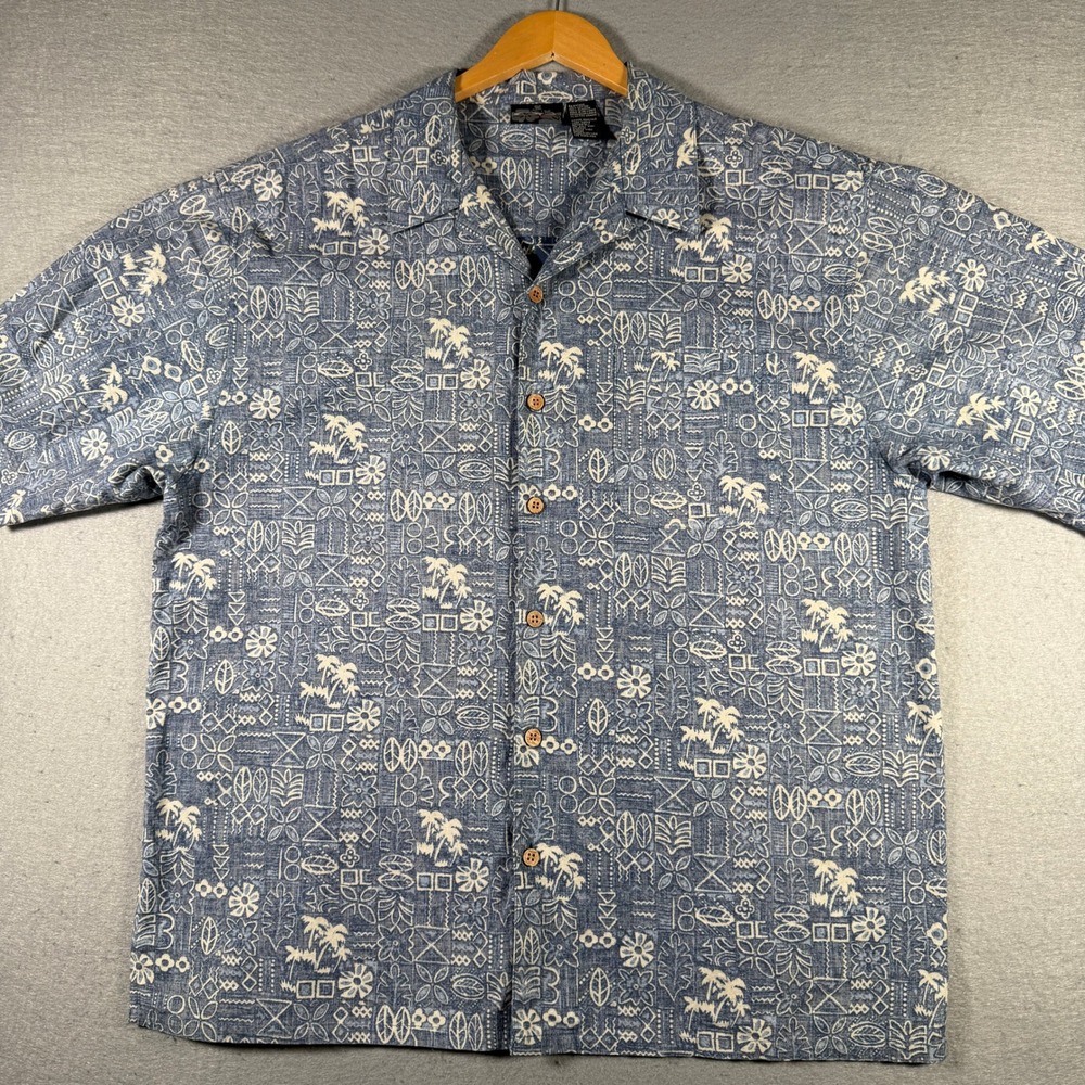 No Fear Mens Tribal Tropical Palm Tree Print Blue Button Down Camp Shirt XL